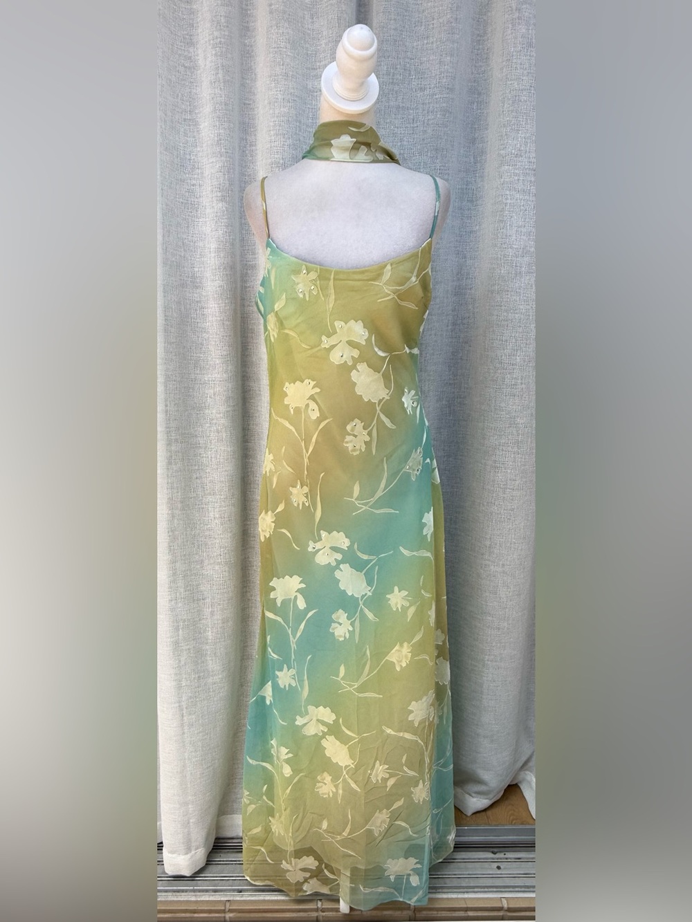 CDC Signature Collection green blue rhinestones floral maxi slip spaghetti dress